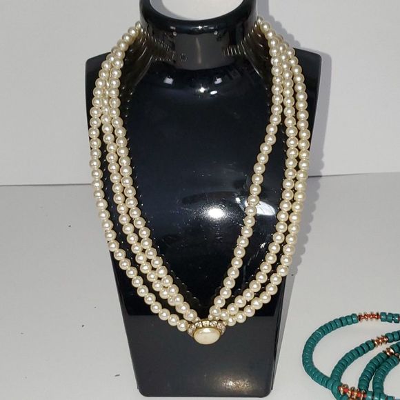 Vintage Faux Pearl Necklace Choker 3 Strand Vintage Rhinestones Costume Jewelry - Picture 1 of 8
